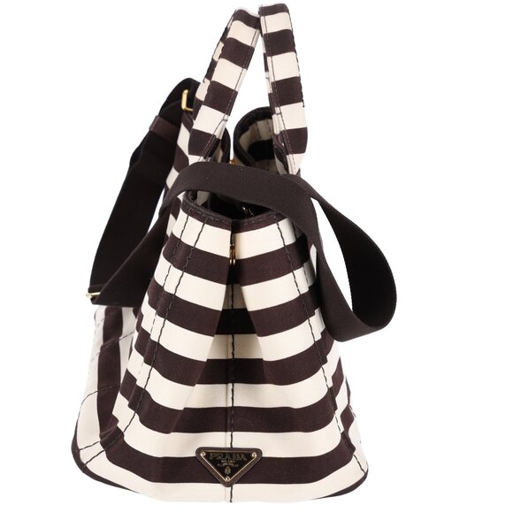 PRADA Canapa Large Canvas Tote Bag Brown White Stripe Shoulder Bag - Picture 9 of 16